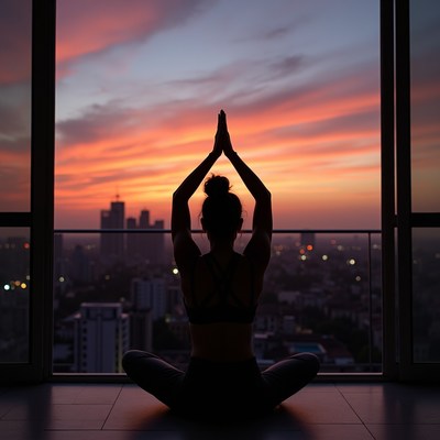 Woman doing yoga at sunset cityscape