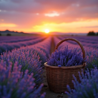 Lavender Basket in Sunset Field