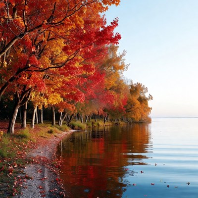 Autumn Maple Trees by Lakeside