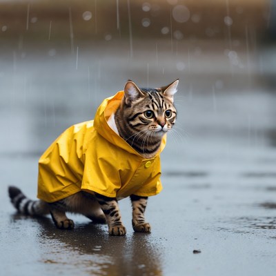 Tabby cat in yellow raincoat