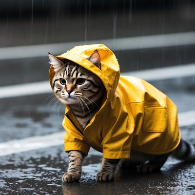 Tabby cat in yellow raincoat