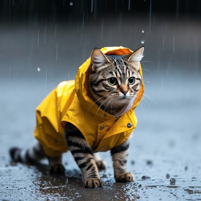 Tabby kitten in yellow raincoat