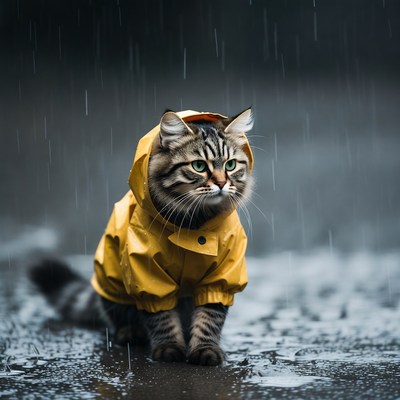 Cat wearing yellow raincoat in rain