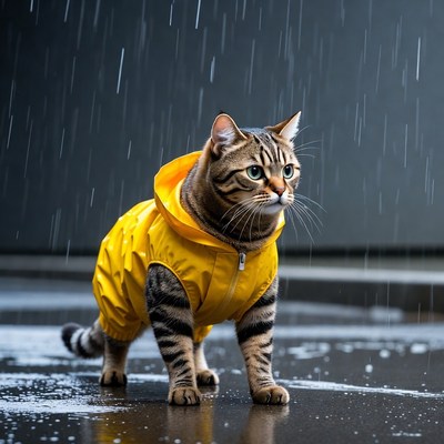 Cat Wearing Yellow Raincoat in Rain