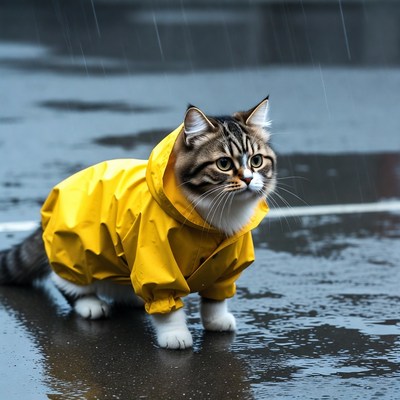 Cat wearing yellow raincoat in rain