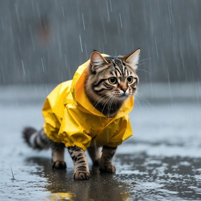 Cat wearing yellow raincoat in rain