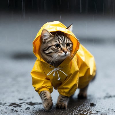Cat wearing yellow raincoat in rain