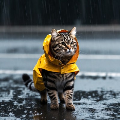 Cat wearing yellow raincoat in rain