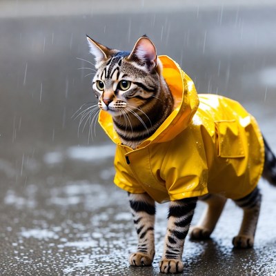 Tabby kitten in yellow raincoat
