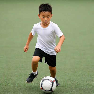 Asian boy kicking soccer ball