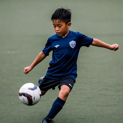 Asian boy kicking soccer ball
