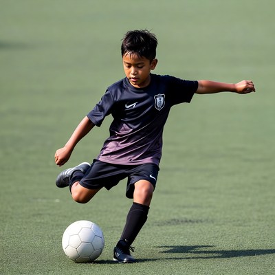 Asian boy kicking soccer ball