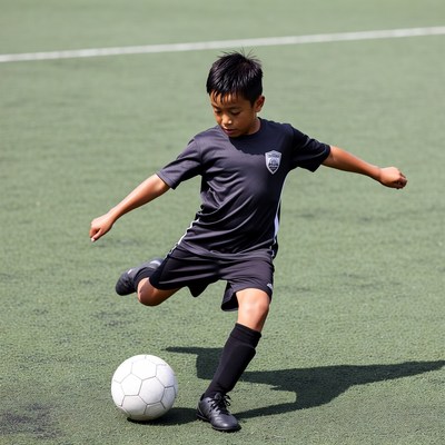 Asian boy kicking soccer ball