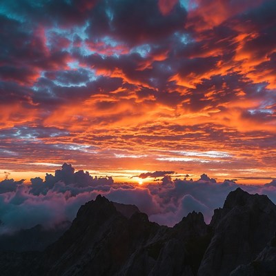 Sunset over Mountain Peaks and Clouds