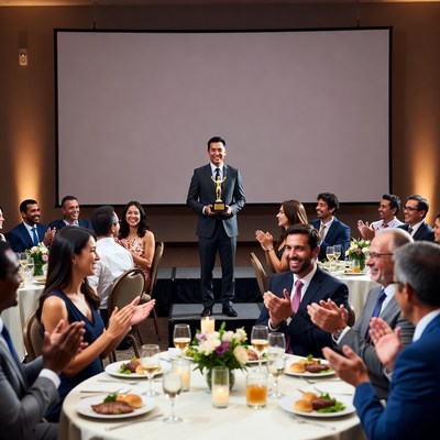Man receiving award at Asian banquet
