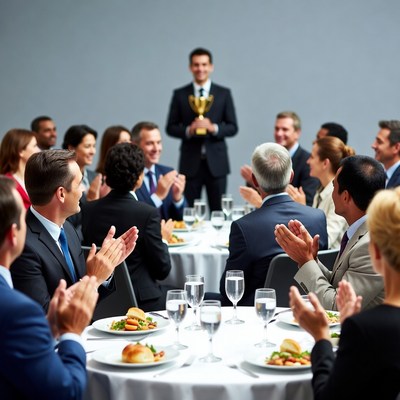 Man receiving award at business dinner