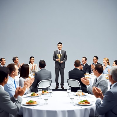 Man receiving award from applauding colleagues