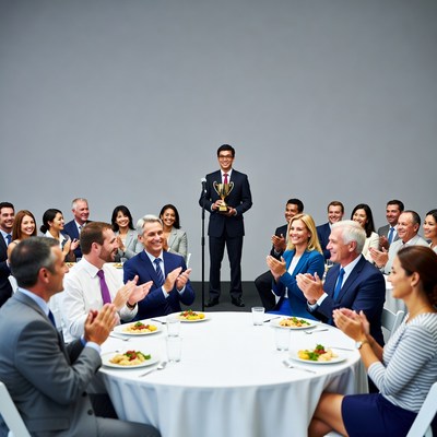 Man holding trophy at business dinner