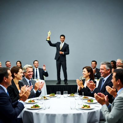 Man holding trophy at business dinner
