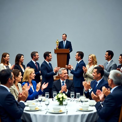 Man on podium receiving applause from group