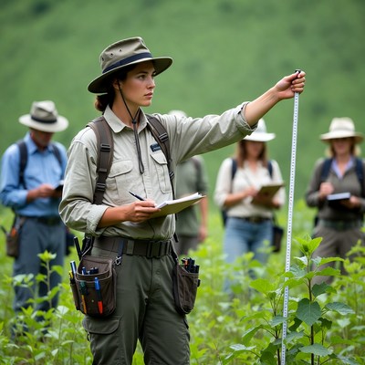 Woman measuring plant with team in forest