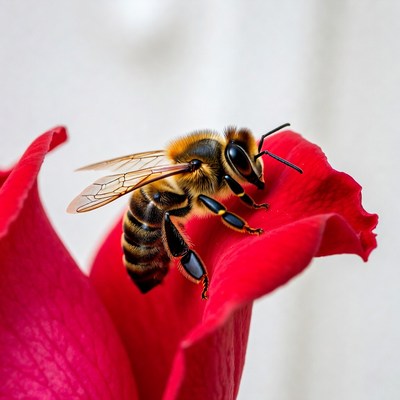 Honeybee on Red Rose Petal