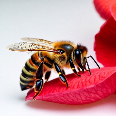 Honeybee on Red Flower Petal