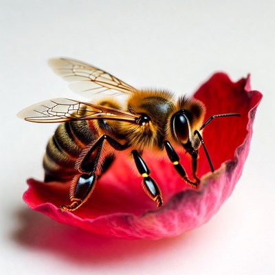 Honey Bee on Red Flower Petal