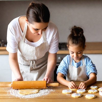 Mother and daughter rolling dough