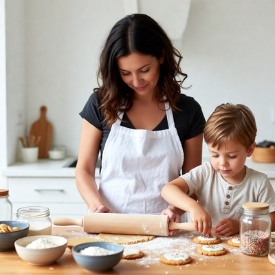 Mother and son decorating cookies