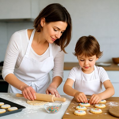 Mother and boy rolling dough cookies