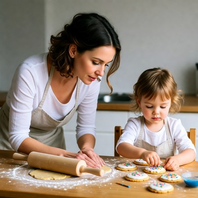 Mother and daughter baking cookies