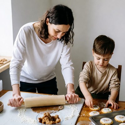 Mother and son rolling dough cookies