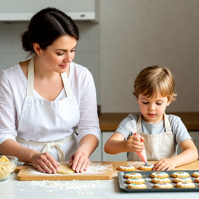 Mother and boy decorating cookies