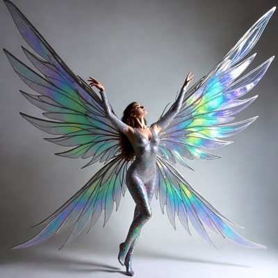 Woman with iridescent wings posing