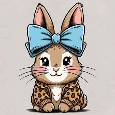 Cute Bunny Wearing Blue Bow and Leopard Jacket