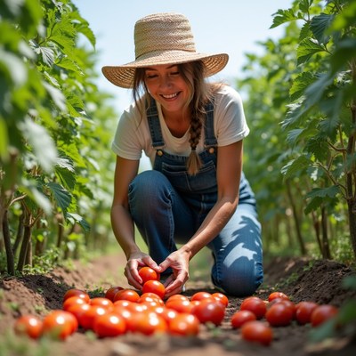 Woman picking tomatoes in garden