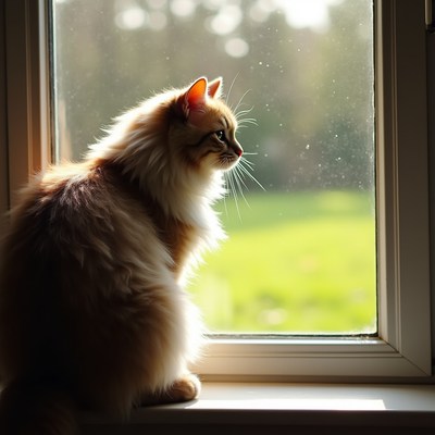 Fluffy orange cat at window
