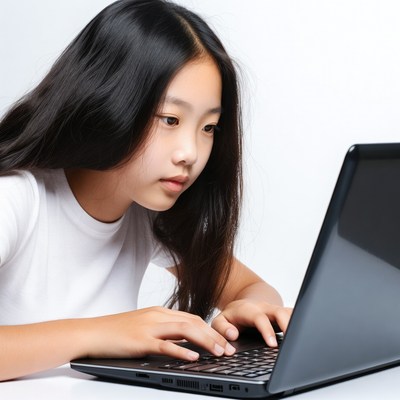 Asian girl typing on laptop
