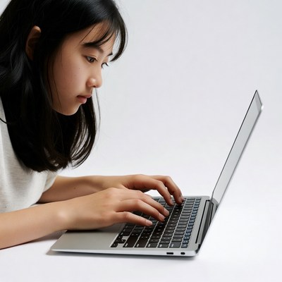 Asian girl typing on laptop