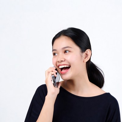 Asian woman laughing on phone
