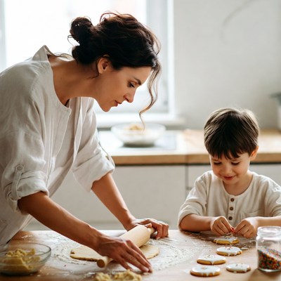 Mother and son baking cookies