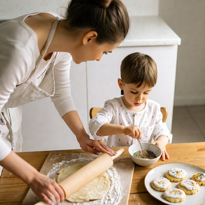 Mother and son baking cookies together