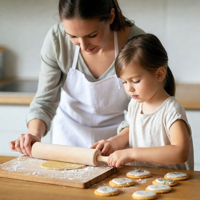 Mother and daughter rolling dough