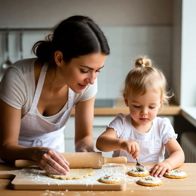 Mother and toddler baking cookies