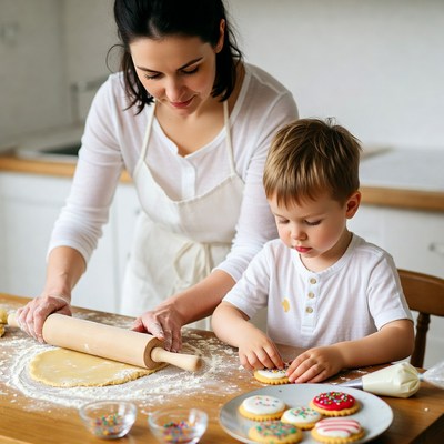 Mother and boy baking cookies