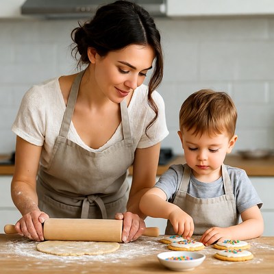 Mother and Toddler Rolling Dough