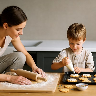 Mother and boy decorating cookies
