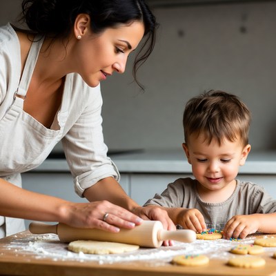 Mother and boy rolling dough together