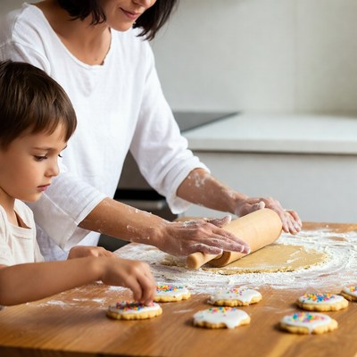 Mother and boy rolling dough cookies
